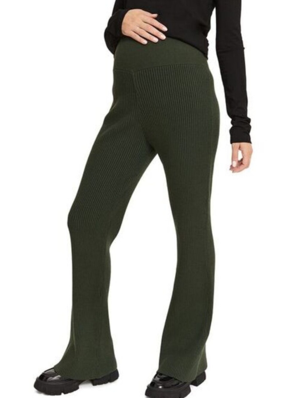 Hatch The Rib Knit Flare Leg Pants Green Stretch Casual Lounge Maternity Size L